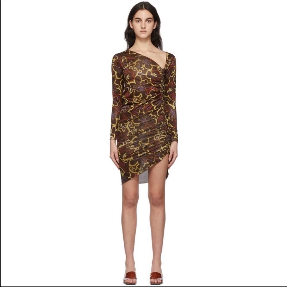 GIMAGUAS- Zug Dress Brown Asymmetrical Mesh Floral Classic Boho Cocktail